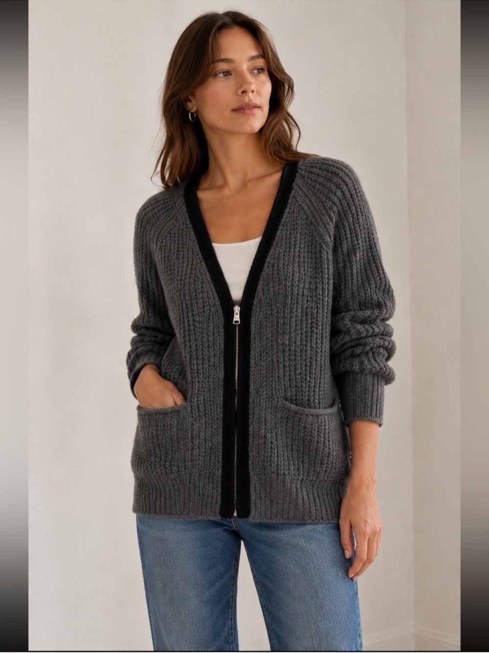 Wilfred by Aritzia Wool Alpaca Zip Cardigan Charcoal Grey SZ M